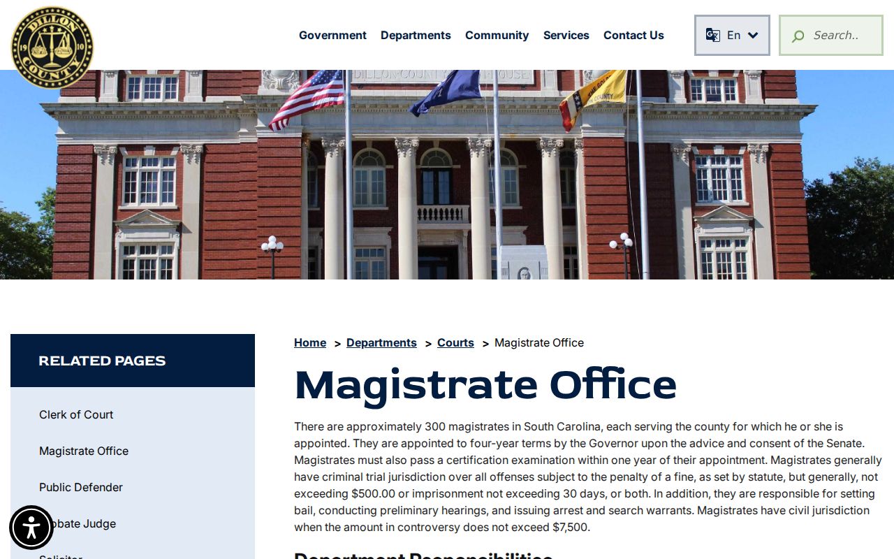 Dillon County bench warrant court contact and Magistrate Court schedule