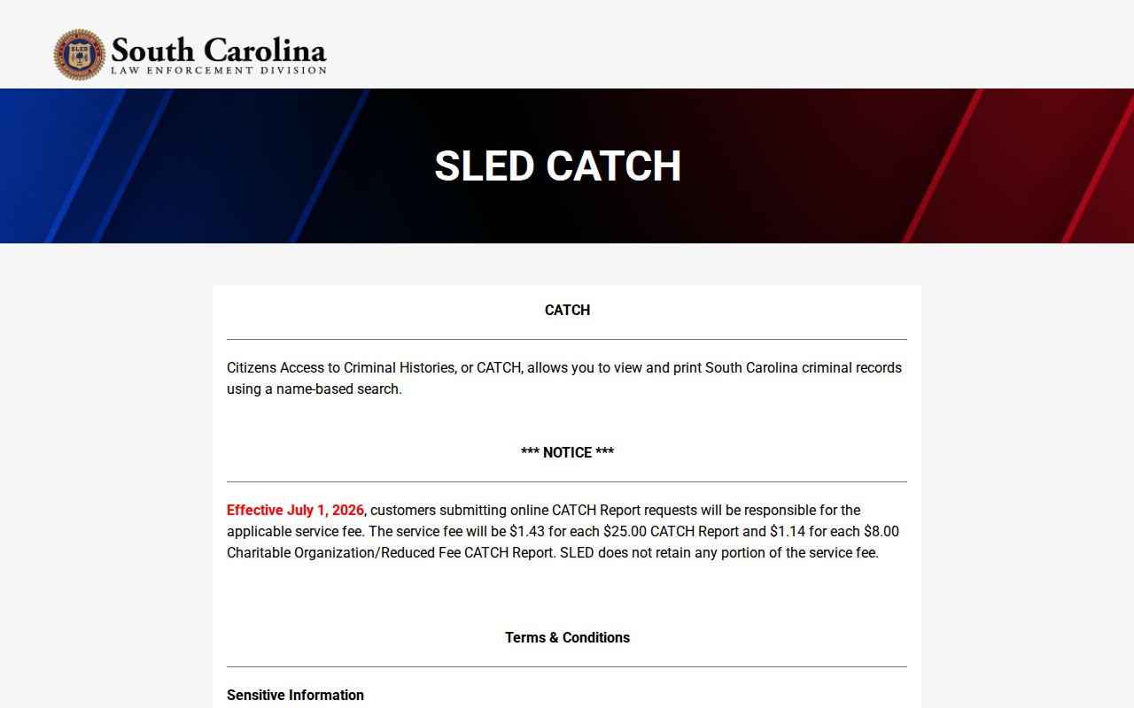 Dillon County active warrant search limitation stated on the SLED CATCH page