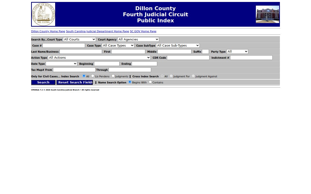 Dillon County warrant search Public Index case lookup form